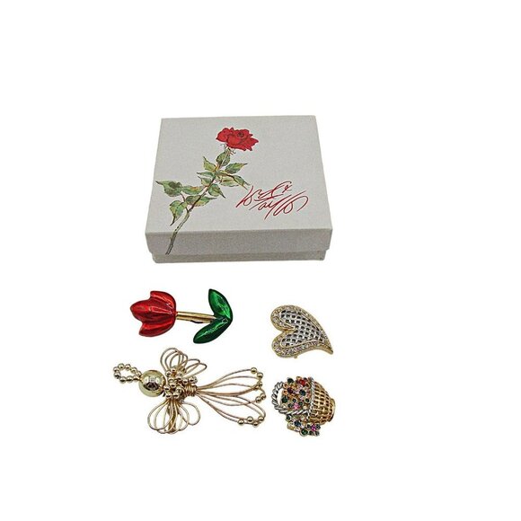 Lot 4 Vintage Brooches Angel Enamel Flower Rhinestone Basket and Heart Gold Tone - Picture 10 of 11